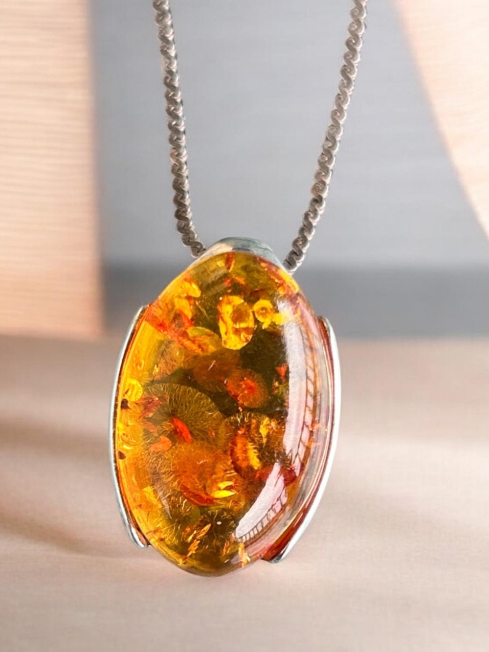 Vintage Poland Baltic Amber Oval Pendant Sterling Silver Stamped